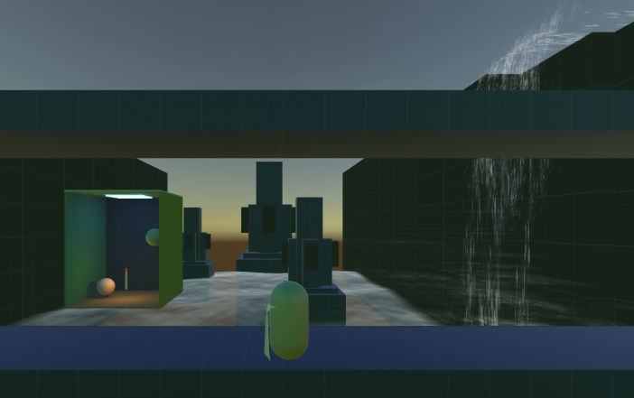 Shown is a prototype light-box showing how light will be handled in game. Also shown is an example of a waterfall.